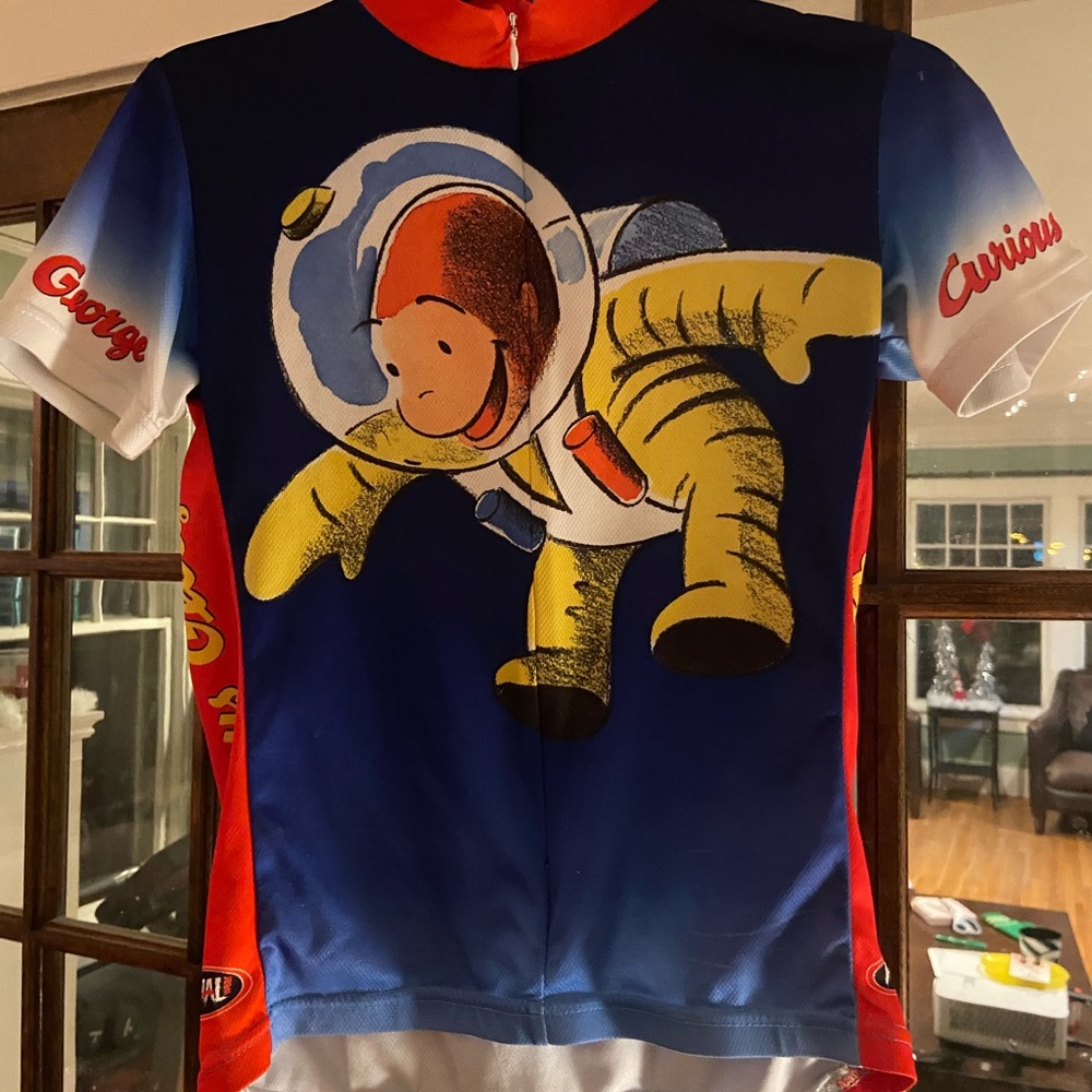 Women’s Curious George bike racing shirt- sz small